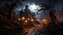 Night Moonlight Fantasy House In Dark Spooky Dark Forest In Fog Fantasy Scene, Halloween