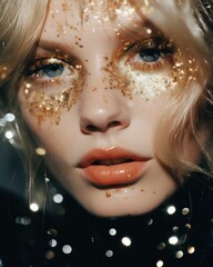 Wall Mural - This beautiful portrait captures a woman with a glamorous makeover, featuring gold glitter, bright lipstick, and long eyelashes, radiating an aura confidence celebration perfect for special occasion