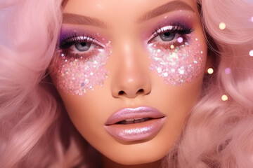 Wall Mural - A stunning portrait of beautiful y2k woman with glittery pink makeup and luxurious eyelashes, celebrating the joy of a new year with confetti and painted lips, creating an unforgettable doll-like look