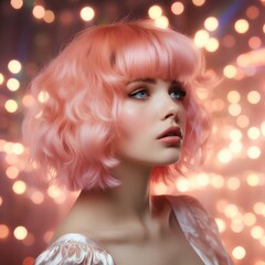 Wall Mural - A beautiful portrait of a young woman with pink hair adorned with glitter and confetti, ready to celebrate the new year and bring in the festivities like a doll with a kissable lip