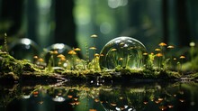  A Glass Ball Sitting On Top Of A Moss Covered Ground.  Generative Ai