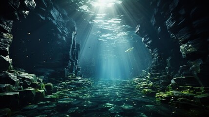 Wall Mural - an underwater cave with sunlight streaming through the water and rocks. generative ai