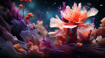 Sticker -  a digital painting of a coral reef with flowers and fish.  generative ai