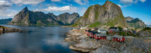 The idyllic and picture perfect fishing village of Hamnøy or Hamnøya, north Reine, Vestfjorden, Moskenes, Lofoten Islands, Nordland, Norway.