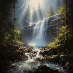   a painting of a waterfall in a forest with sunbeams.  generative ai
