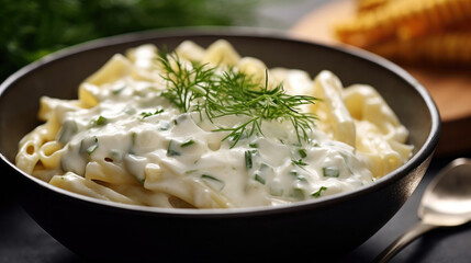 Alfredo pasta dinner with creamy white sauce and herbs. Generative Ai