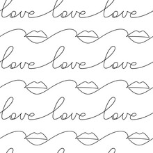 Graphic Lips Line Continuous Seamless Pattern. Love Hand Writing Vector. Slogan, Quote, Text, Lettering, Calligraphy, Design, Print, Banner, Poster, Valentine’s Day Card, Wallpaper, Background.