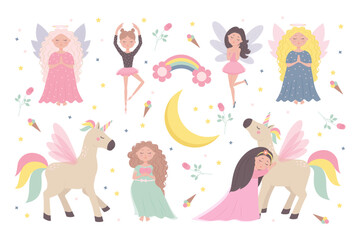 Wall Mural - Cute ballerina fairies and angels in naive child style, unicorn and princess set vector cartoon characters illustration isolated.