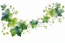 A watercolor border with transparent leaves of ivy and fresh grape foliage, isolated on white. Generative AI
