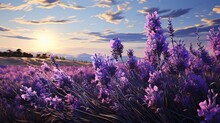  A Field Of Lavender Flowers With The Sun In The Background.  Generative Ai