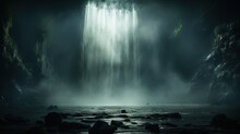  A Waterfall In The Middle Of A Dark Forest Filled With Rocks.  Generative Ai
