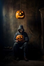 A Man In Black Sitting In A Vintage Dark Castle Room With Scary Pumpkin Jack Heads, Dark Evil Halloween Poster Idea, With Copy Space.