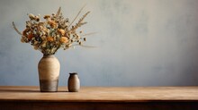 Still Life Of A Bouquet Of Dried Flowers In A Vintage Vase On A Wooden Table. Place For Text Or Advertising