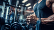 Hands of male trainer in gym club along with some dumbbells. Man with strong muscles and hands enter at the gym for a workout. Generative ai.
