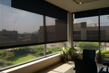 Garden-facing office with roller blinds providing sun protection. Generative AI