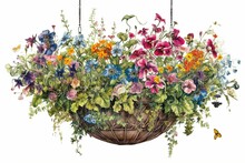 Vivid Hanging Basket Of Colorful Flowers Depicted In A Intricate Illustration Set Against A White Background. Generative AI