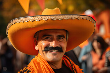 Portrait of a man with a large mustache wearing an orange Mexican sombrero