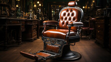 Brown Leather Barber Chair In A Barbershop. Luxury Barbershop.