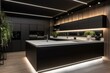 Modern kitchen in white against a black wall, with indirect golden LED lighting. Generative AI