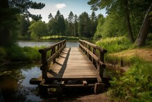 Wooden Footbridge By The Lake. Generative AI