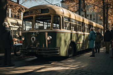 Poster - Passengers boarding a vintage trolleybus, showcasing the evolution of electric public transportation. Generative Ai.