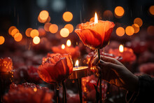 Field Of Poppy Flowers With Hands Holding Lit Candles To Remember Fallen Soldiers On Remembrance Day. Generative Ai. Generative AI.