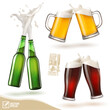 3D realistic vector set of clinking glasses, mugs and bottles with splashes of foam and drops