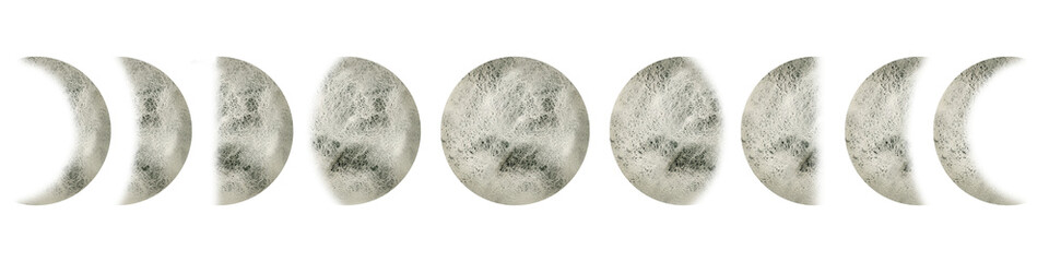 moon phases set. watercolor illustration of full luna and crescent. hand drawn clipart of lunar cycl