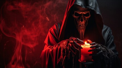 Scary grim reaper standing behind a melting and burning candle doing dark ceremony on haunting black background with copy space, Halloween event scene and poster backdrops.