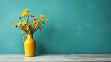 Wooden Bench With Yellow Vase With Bouquet Of Field Flowers Isolated On Turquoise Painted Wall Background, Empty Mock Up With Copy Space.
