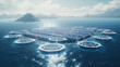 A futuristic concept of a floating solar farm on the ocean,  harnessing renewable energy