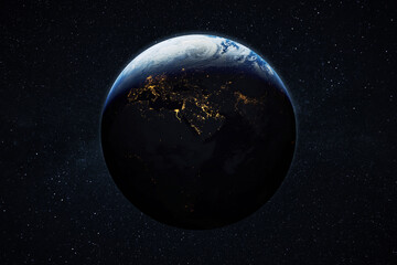 Aufkleber - Beautiful blue planet earth with night city lights. Europe and Africa at night viewed from space with city lights showing human activity in Germany, Poland, Italy, Egypt, Spain and other countries.