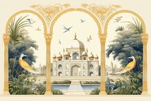 Illustration Of Indian Mughal Architecture With Arch, Dome, Garden, Peacock, And Parrot Plant. Generative AI