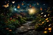 Magic garden at night with flying butterflies