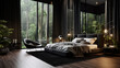 Czarna elegancka nowoczesna sypialnia z dużymi oknami