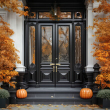  Main entrance to the luxury house with autumn decoration and autumn pumpkins decoration, beautiful and elegant dark door with autumn deco and pumpkins, modern and elegant entrance, Autumn time