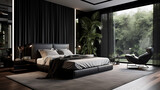 Fototapeta  - Czarna elegancka nowoczesna minimalistyczna sypialnia z dużymi oknami