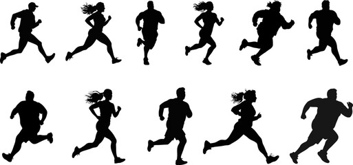 Running people, vector isolated silhouettes. Run, men and women. ai generated illustration