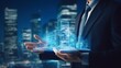 © NovaVision - Businessman Interacting with Blue Hologram of Modern Building Design. Generative ai