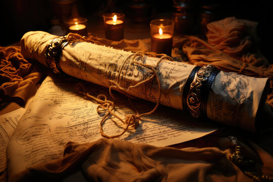 An ancient scroll with handwritten text, showcasing early literary works. Generative Ai.