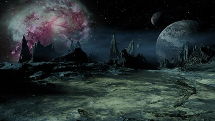 Wall Mural - Alien planet dramatic landscape dolly camera movement 3D render.