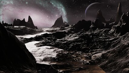 Wall Mural - Alien planet dramatic landscape dolly camera movement 3D render.
