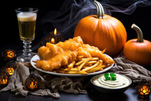 Fish And Chips, Homemade, Halloween Concept. Close-up Photography Of Delicious And Tasty Fish And French Fries, Fried Potatoes , Halloween Pumpkin, Candle, Beer On A Wooden Board.