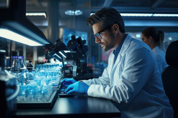 Poster - a scientist conducting drug discovery research with the help of ai-driven simulations. generative ai