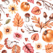 Hand drawn autumn flowers, leaves, mushrooms on a pattern