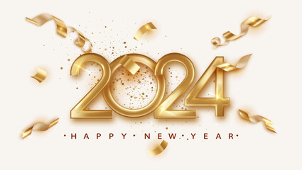 Wall Mural - 2024 Happy New Year greeting card template with festive golden numbers, realistic confetti, and warm congratulations, ideal for sharing holiday cheer