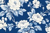 Fototapeta Londyn - Blue vintage background with blooming flowers and Chinese pattern. Chinoiserie style. Seamless pattern. Generative AI