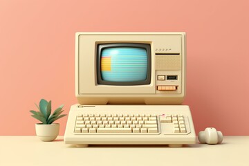 Sticker - Beige desktop computer with built-in screen and keyboard in retro 80's style. 3D illustration. Generative AI