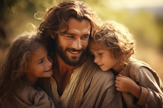 Jesus with children, religious baptism and catholic concept