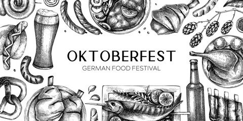 Oktoberfest background. German food and drinks menu design template. Meat dishes sketches. German cuisine vintage frame. Traditional beer festival banner. Oktoberfest party